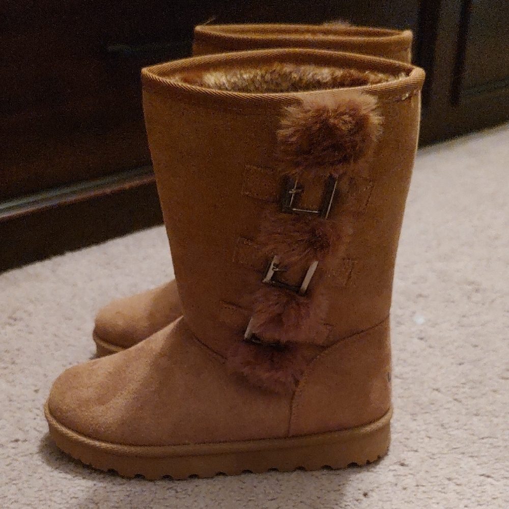 Camel-UGG Fur-Trimmed Boots